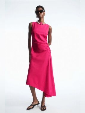 COS Asymmetric Gathered Midi Dress In Pink
